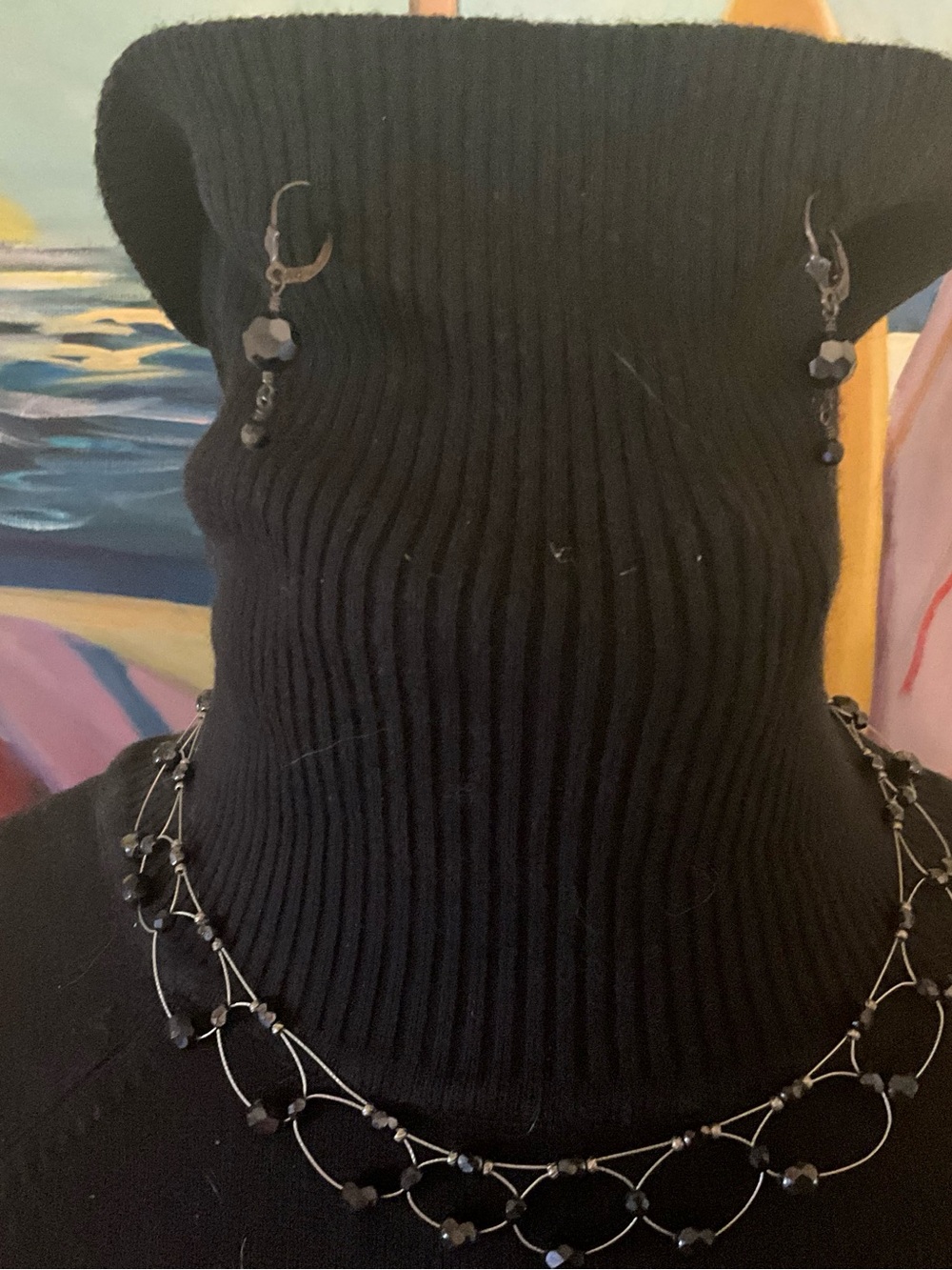 Black Beaded Necklace and Matching Earrings Set